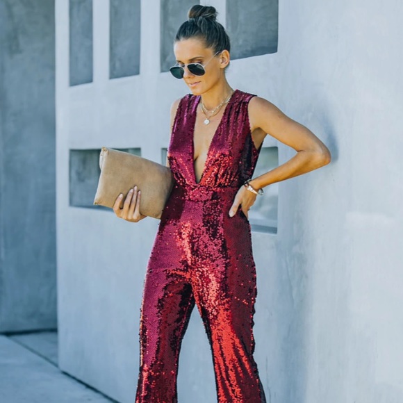 Burgundy Sequin Jumpsuit - Picture 2 of 6